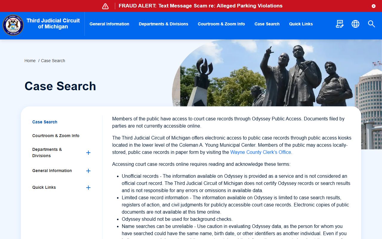 Third Circuit Wayne County court records case search terms page