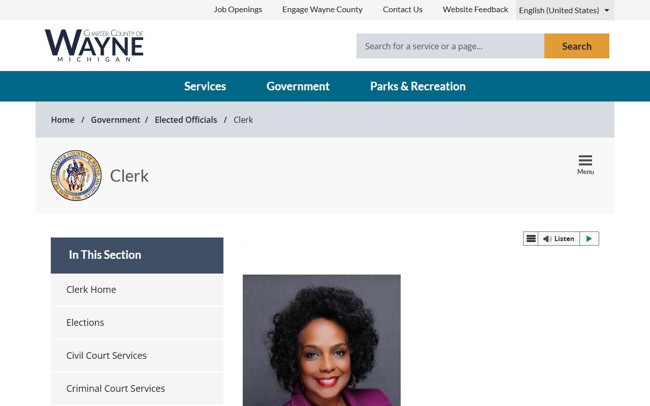 Wayne County Clerk official page with Cathy M. Garrett and contact information
