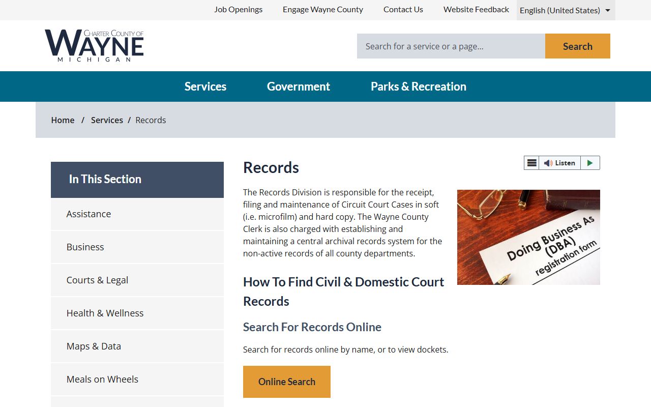 Wayne County Clerk Records Division copy order page for court records
