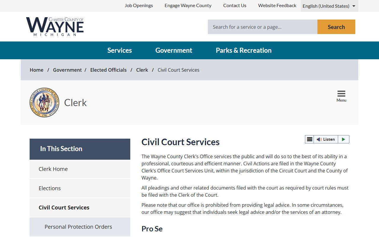 Wayne County Clerk civil court services page