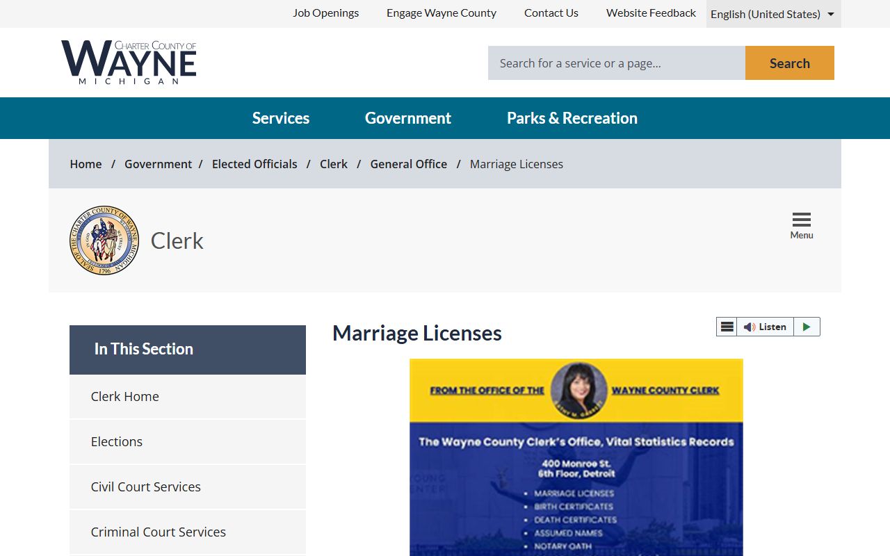 Wayne County Clerk marriage license application page