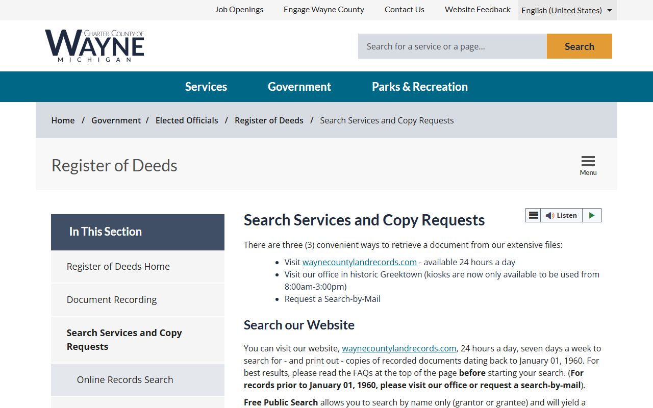 Wayne County Register of Deeds search services and copy requests page