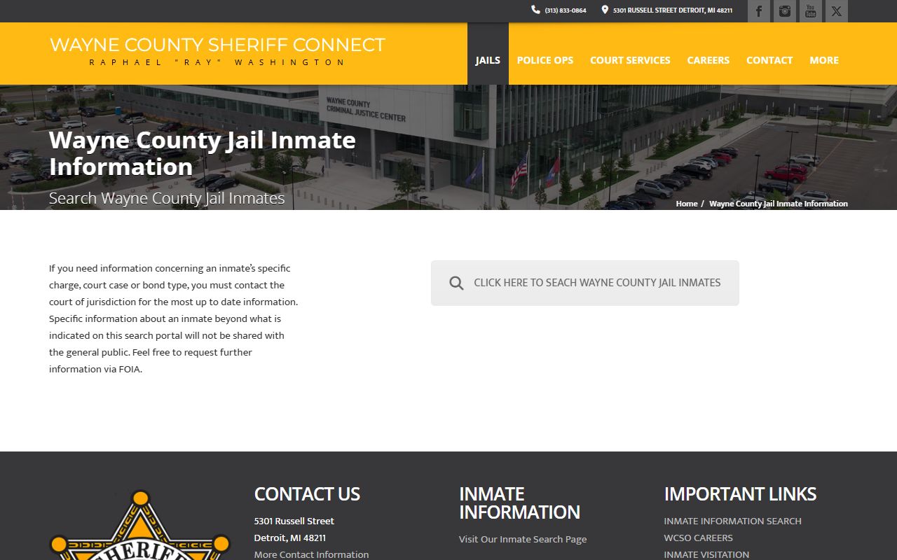 Wayne County Sheriff inmate information page for arrest record lookup
