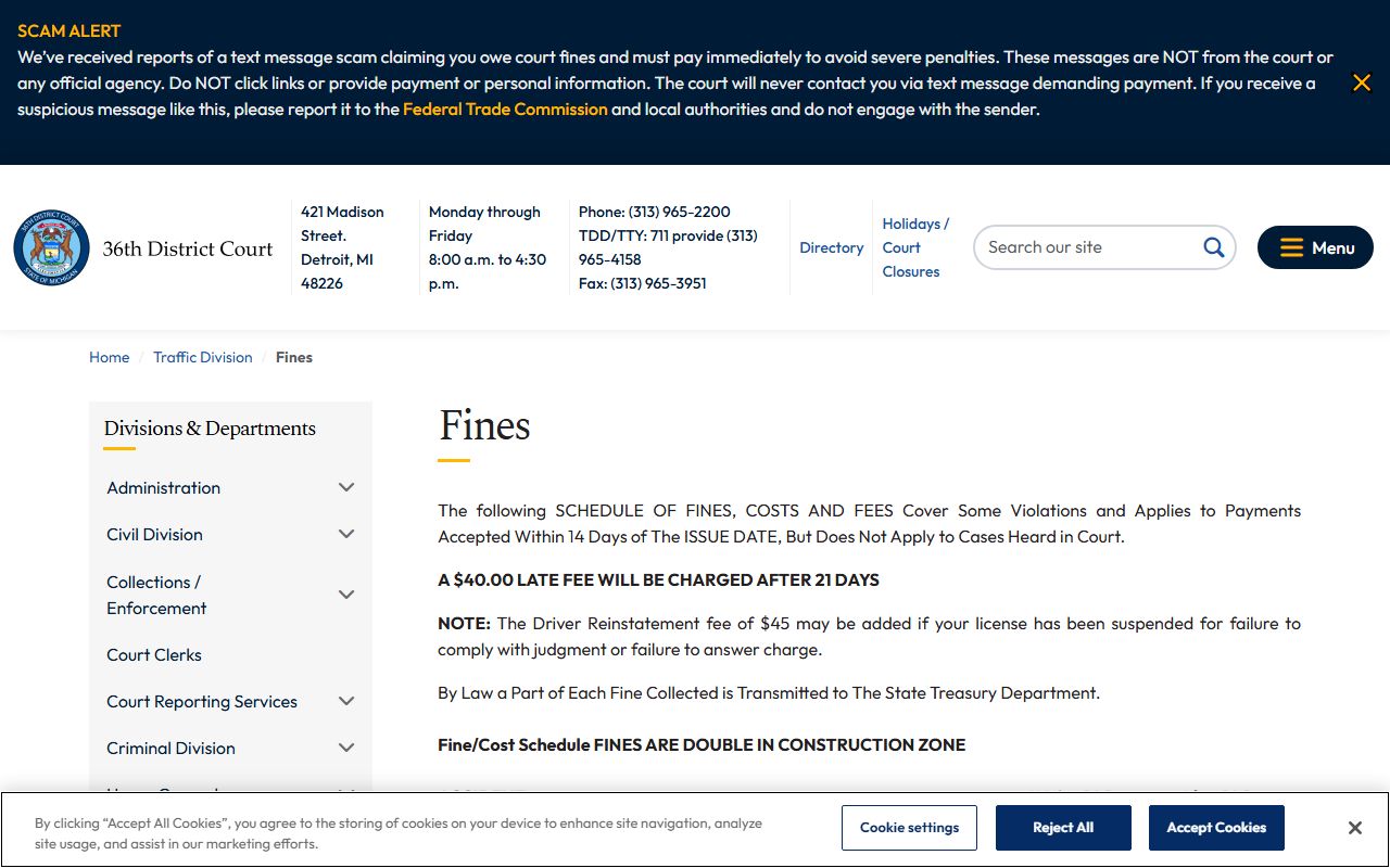 36th District Court traffic fines schedule