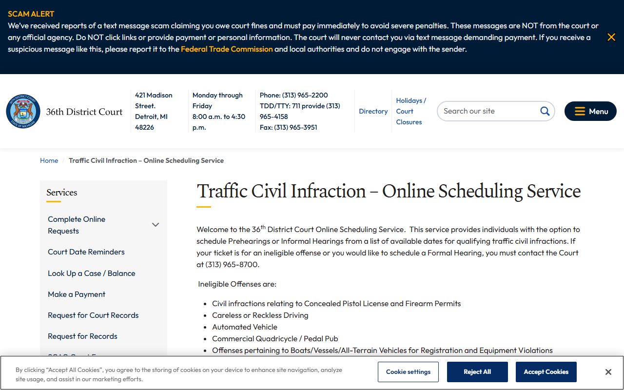 36th District Court traffic civil infraction scheduling page