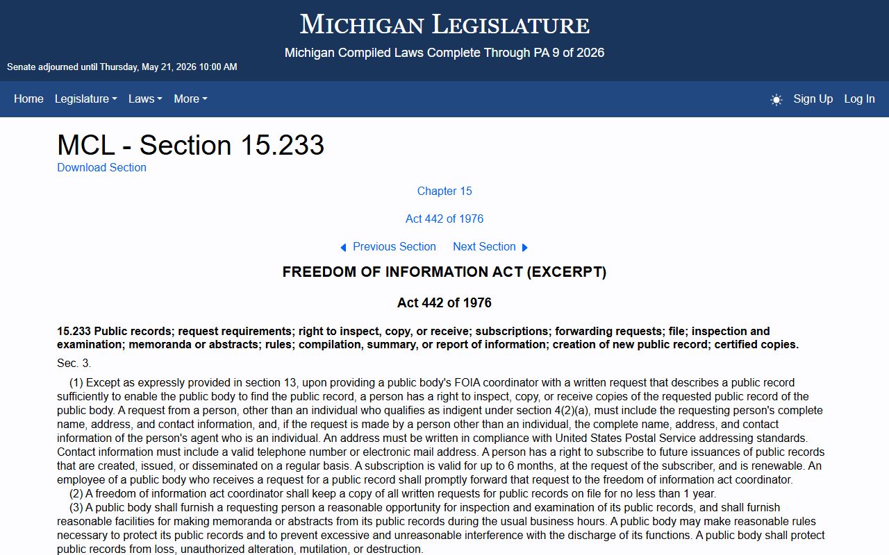 Michigan FOIA request and access provisions MCL 15.233