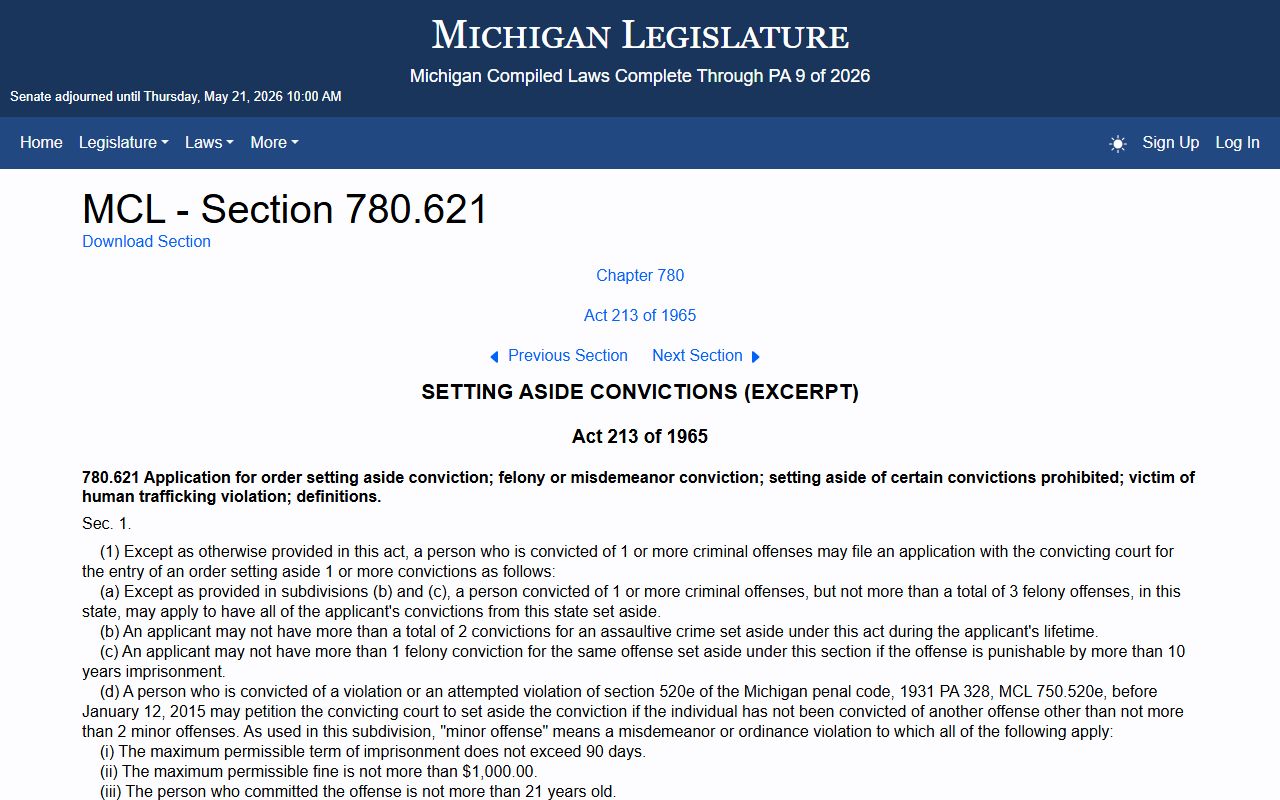 Michigan set-aside expungement eligibility statute MCL 780.621