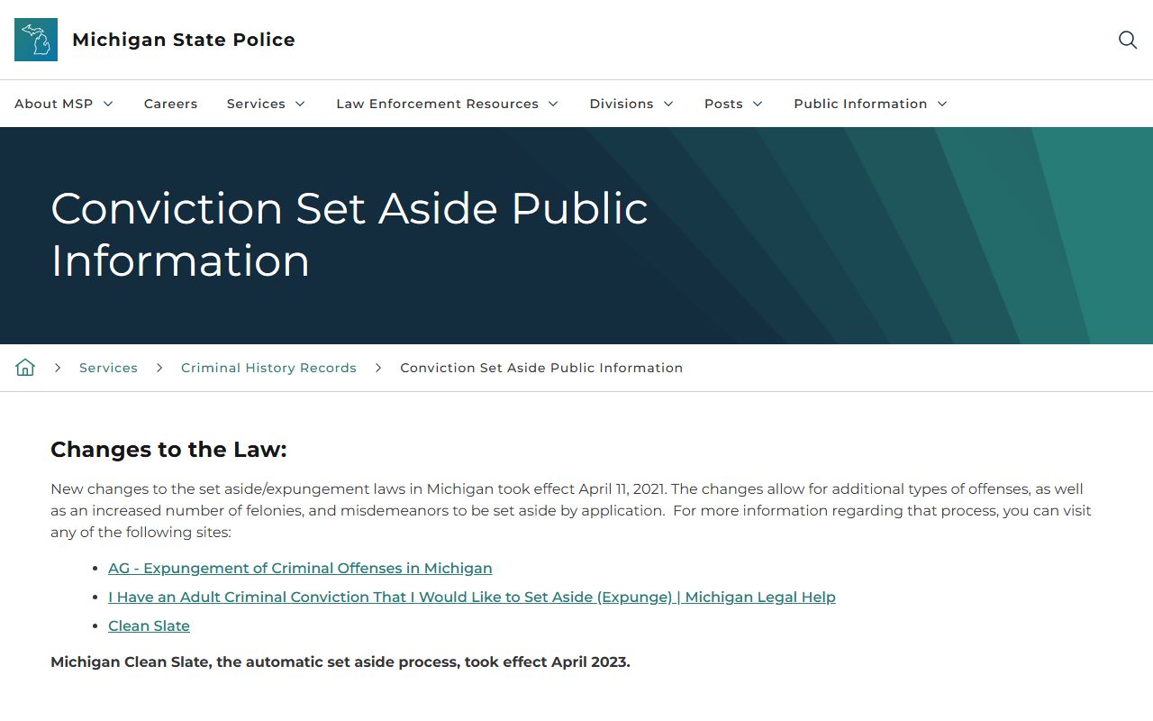 Michigan State Police conviction set-aside public information page
