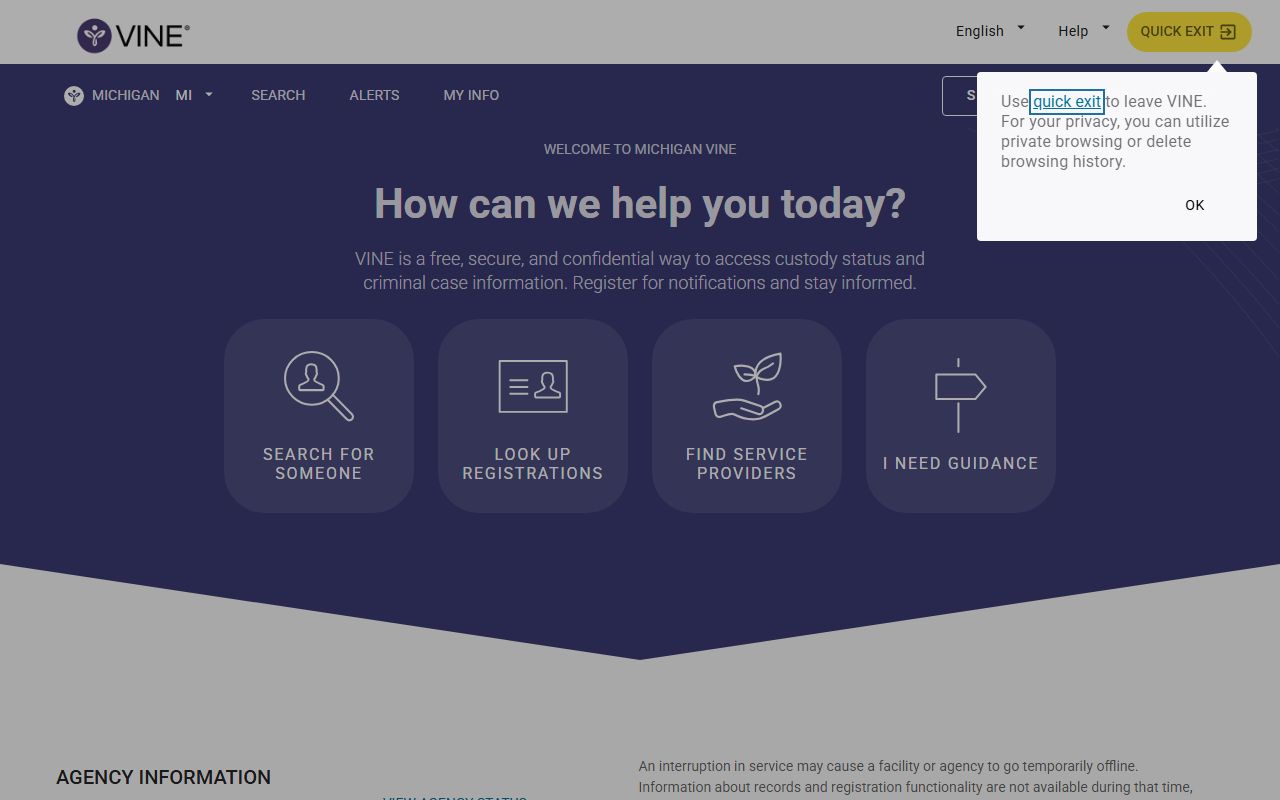 Michigan VINELink custody notification portal