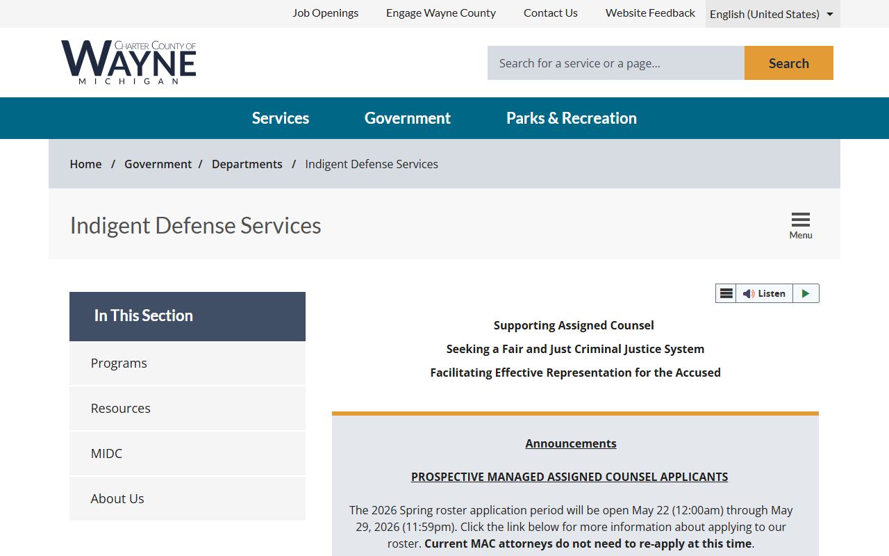 Wayne County Indigent Defense Services page